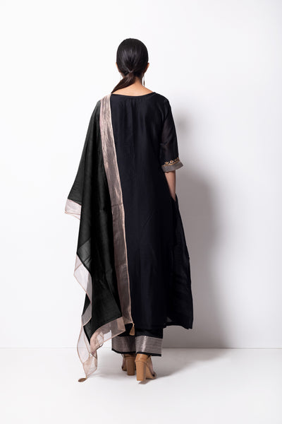 Black Chanderi Silk - A-line Kurta Set