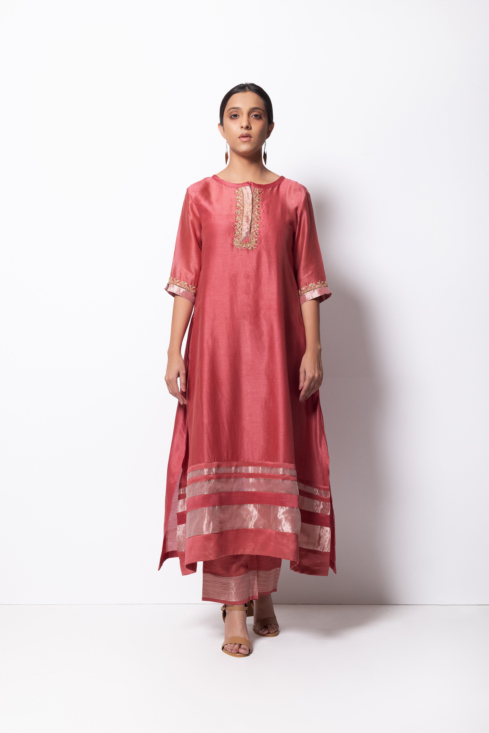 Brick Pink Chanderi Silk - A-line Kurta Set