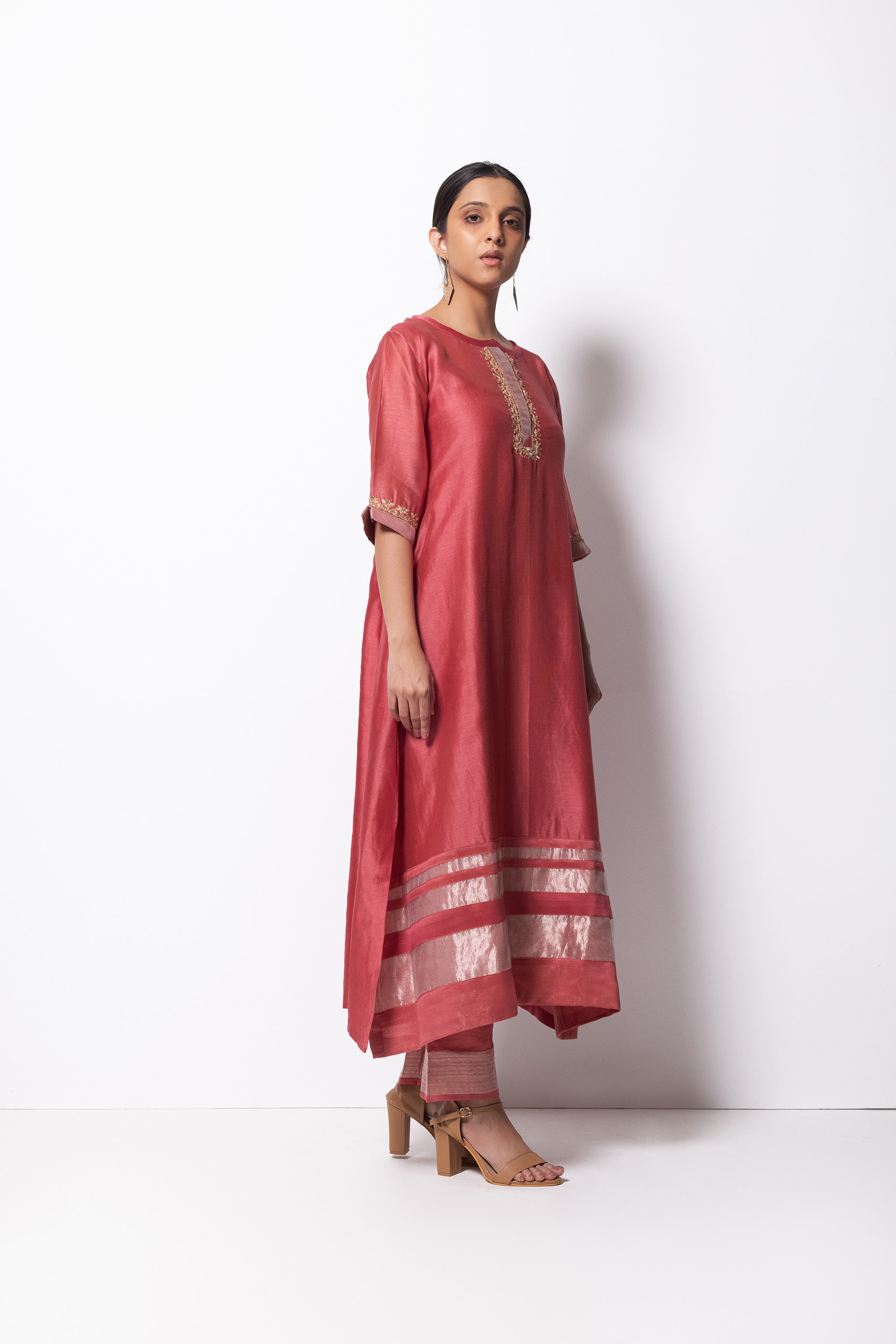 Brick Pink Chanderi Silk - A-line Kurta Set