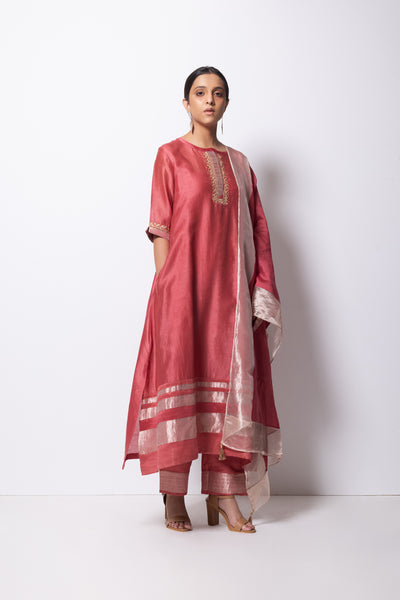 Brick Pink Chanderi Silk - A-line Kurta Set
