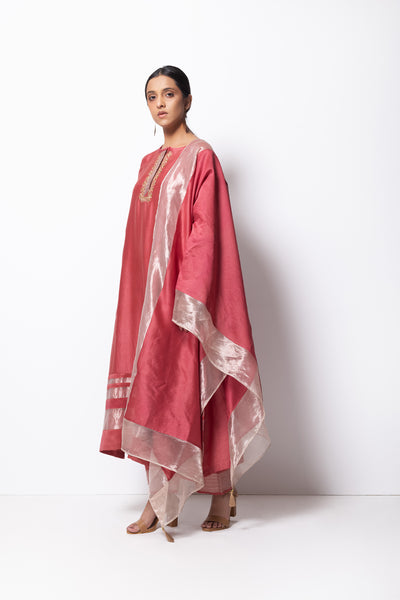 Brick Pink Chanderi Silk - A-line Kurta Set