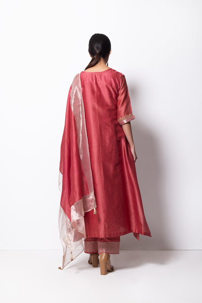 Brick Pink Chanderi Silk - A-line Kurta Set