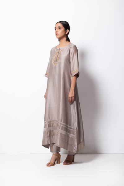 Silver Grey Chanderi Silk - A-line Kurta Set