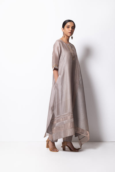 Silver Grey Chanderi Silk - A-line Kurta Set