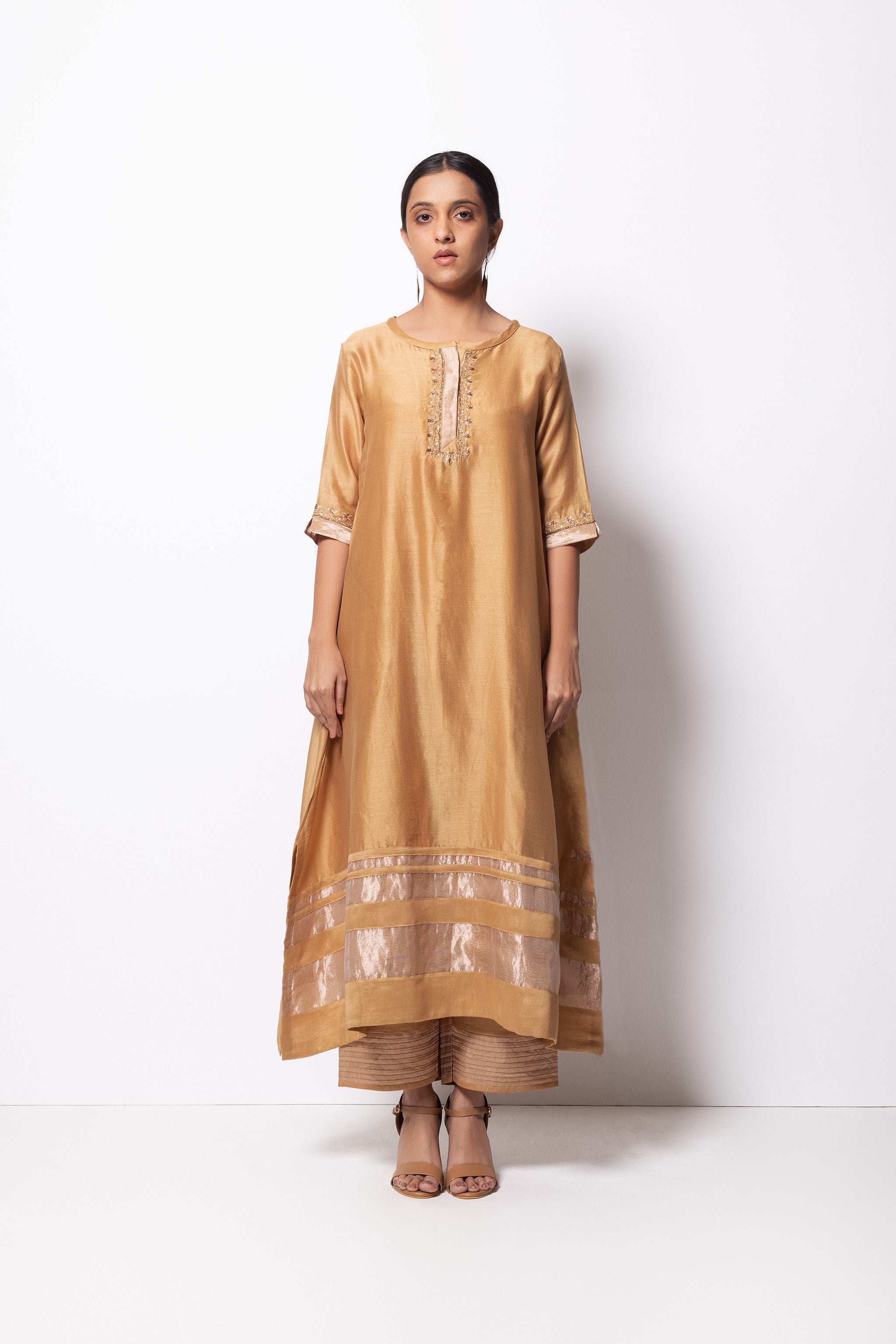 Beige Chanderi Silk  -  A-line Kurta Set