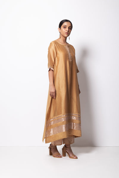 Beige Chanderi Silk  -  A-line Kurta Set