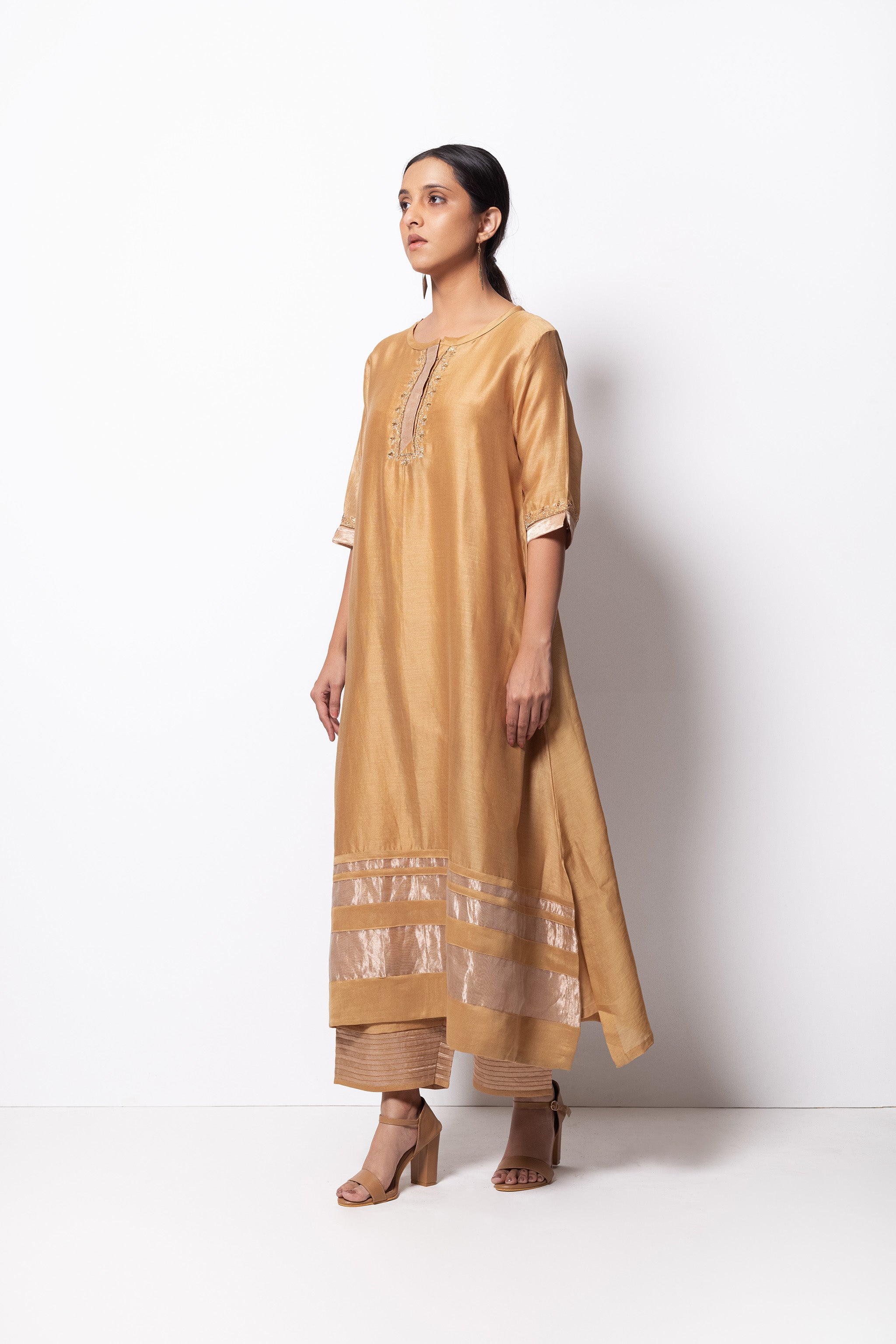 Beige Chanderi Silk  -  A-line Kurta Set