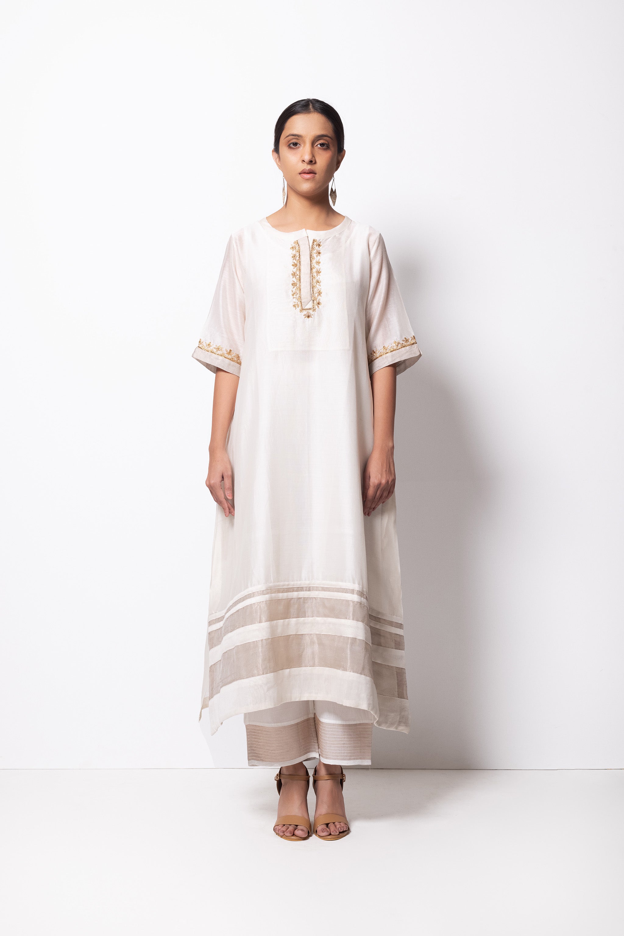 Off White Chanderi Silk -  A-line Kurta Set