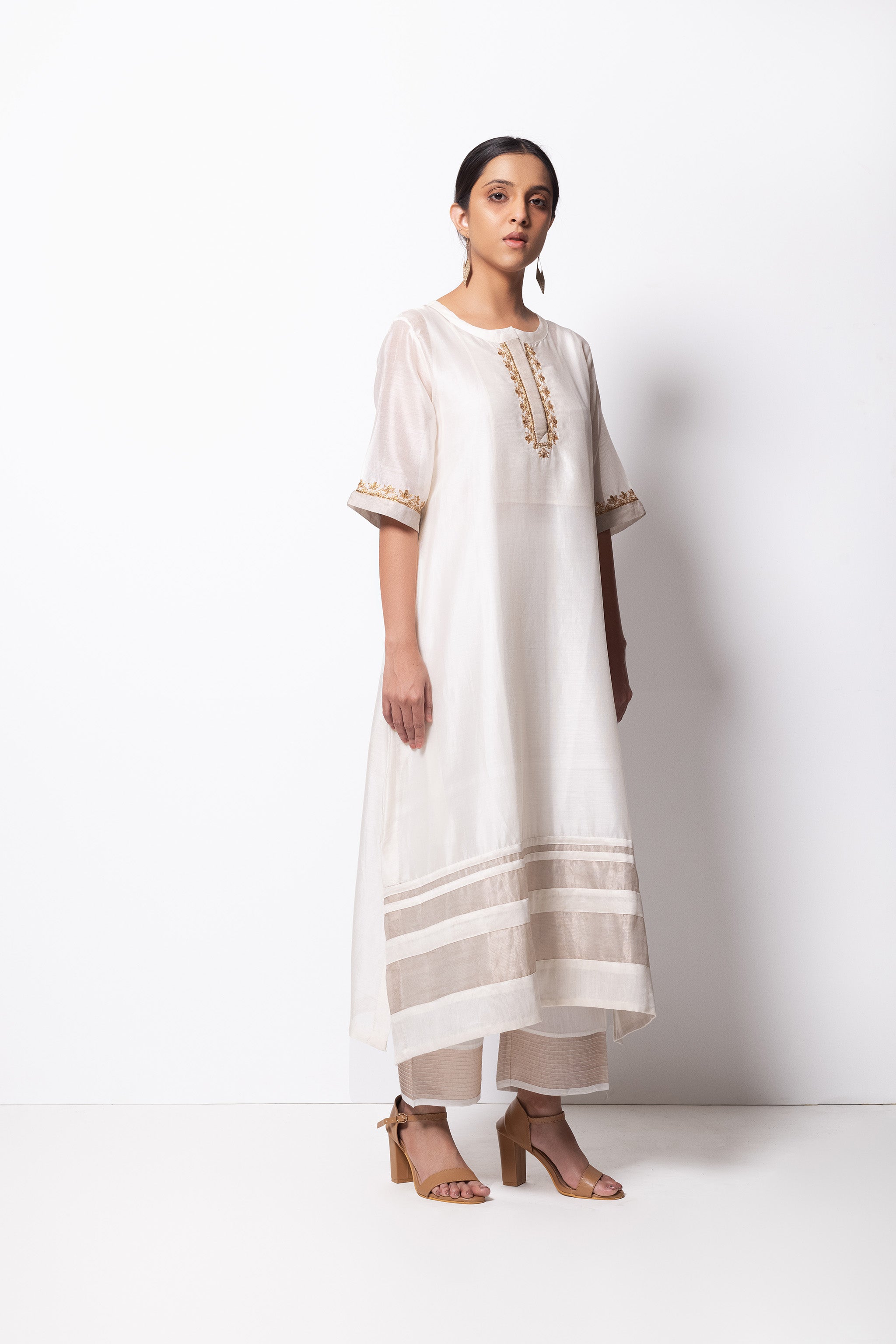 Off White Chanderi Silk -  A-line Kurta Set