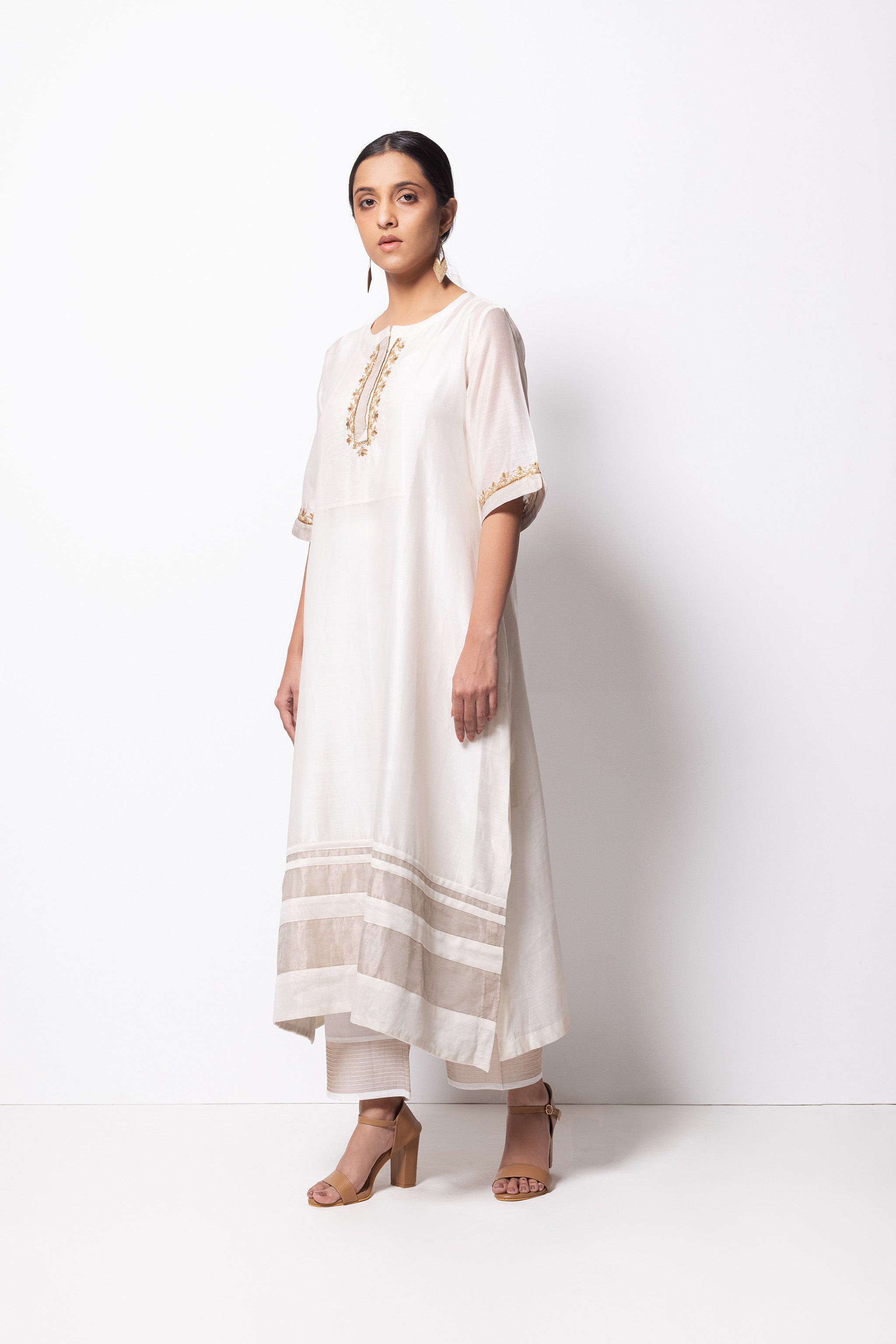 Off White Chanderi Silk -  A-line Kurta Set