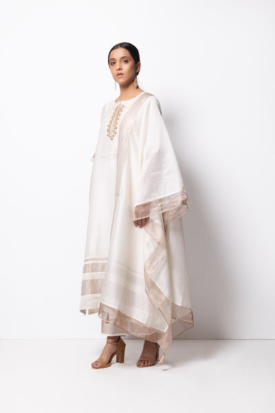 Off White Chanderi Silk -  A-line Kurta Set