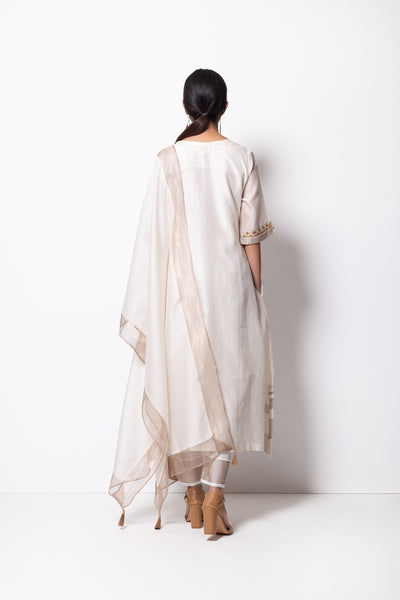 Off White Chanderi Silk -  A-line Kurta Set