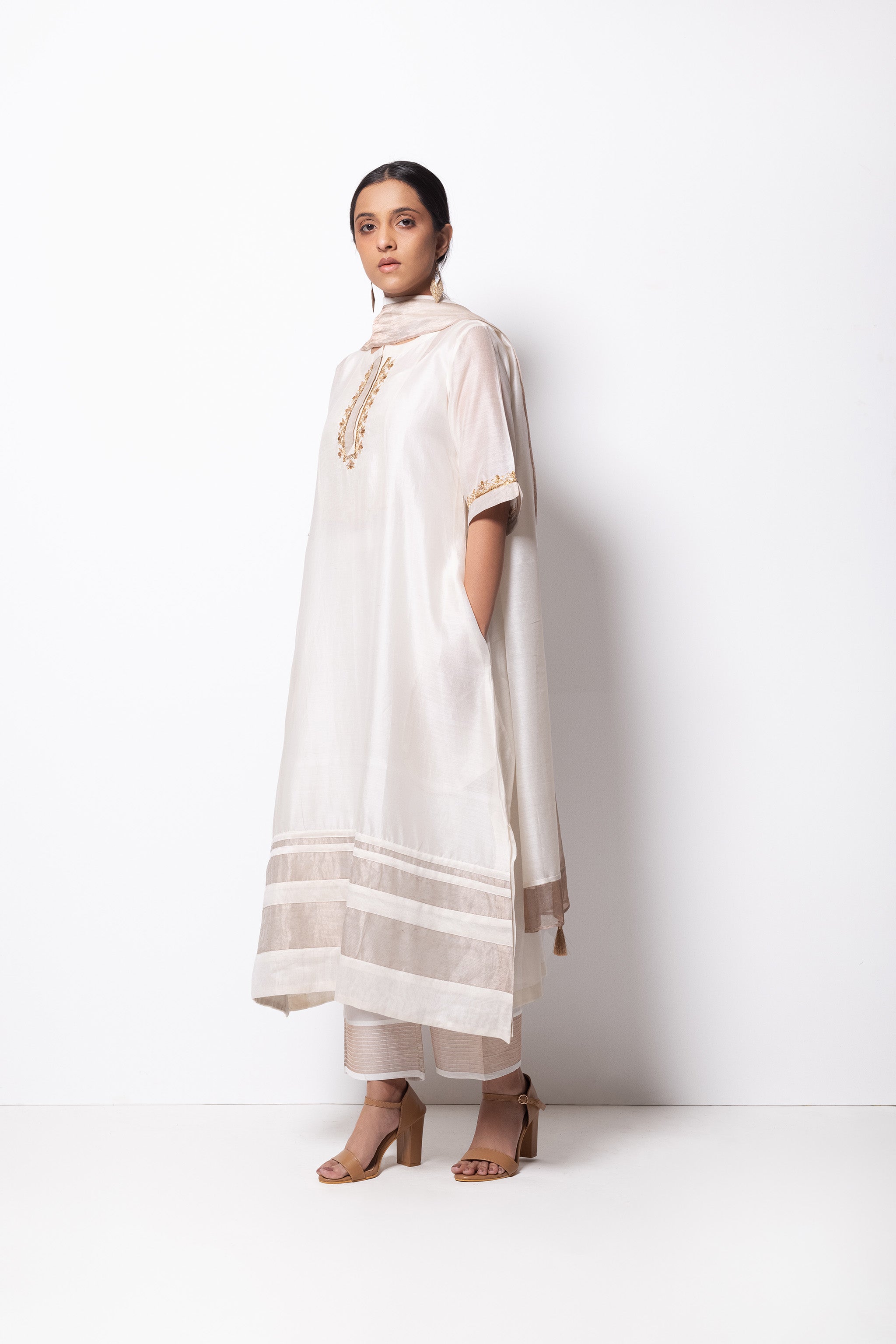 Off White Chanderi Silk -  A-line Kurta Set