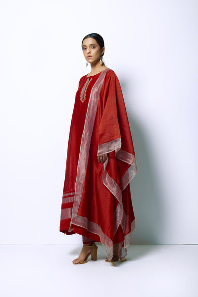 Crimson Red Chanderi Silk  -  A-line Kurta Set