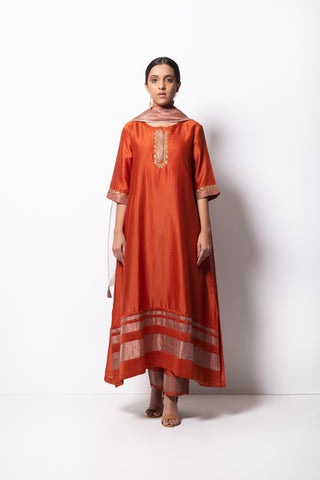 Rust Orange  Chanderi Silk -  A-line Kurta Set