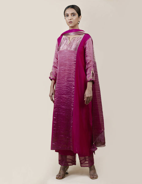 Fuchsia Pink Tissue Stripes/Chanderi Silk - A-line Kurta Set