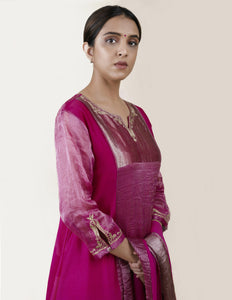 Fuchsia Pink Tissue Stripes/Chanderi Silk - A-line Kurta Set