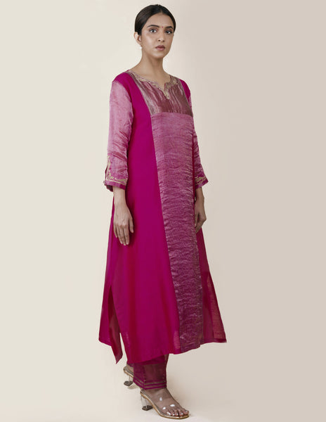 Fuchsia Pink Tissue Stripes/Chanderi Silk - A-line Kurta Set