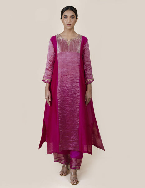 Fuchsia Pink Tissue Stripes/Chanderi Silk - A-line Kurta Set