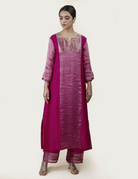 Fuchsia Pink Tissue Stripes/Chanderi Silk - A-line Kurta Set