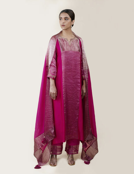 Fuchsia Pink Tissue Stripes/Chanderi Silk - A-line Kurta Set