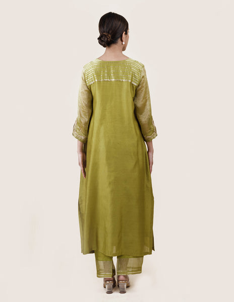 Fresh Green Tissue Stripes/Chanderi Silk - A-line Kurta Set