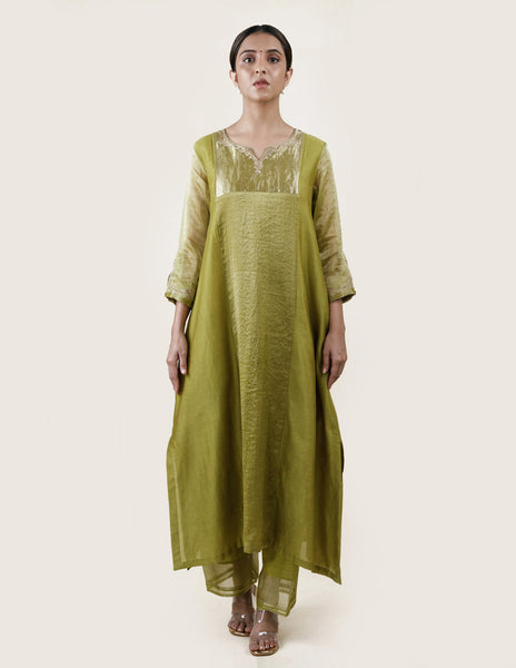 Fresh Green Tissue Stripes/Chanderi Silk - A-line Kurta Set