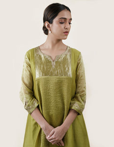 Fresh Green Tissue Stripes/Chanderi Silk - A-line Kurta Set