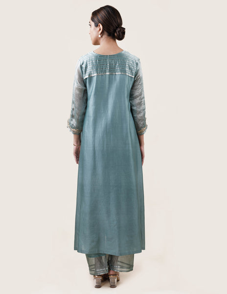 Blue Tissue Stripes/Chanderi Silk - A-line Kurta Set