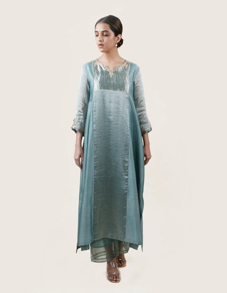 Blue Tissue Stripes/Chanderi Silk - A-line Kurta Set