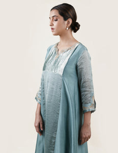 Blue Tissue Stripes/Chanderi Silk - A-line Kurta Set