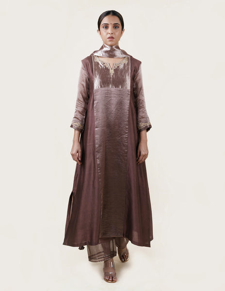 Brown Tissue Stripes/Chanderi Silk - A-line Kurta Set