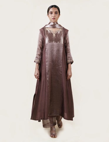 Brown Tissue Stripes/Chanderi Silk - A-line Kurta Set