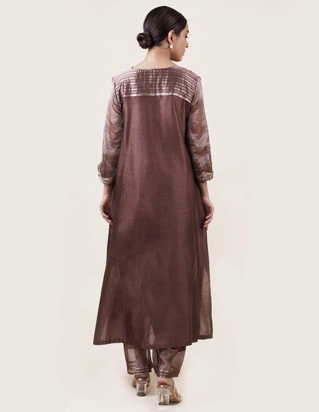 Brown Tissue Stripes/Chanderi Silk - A-line Kurta Set