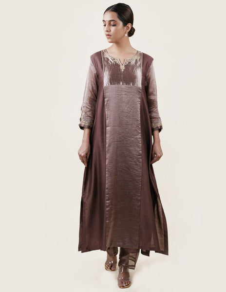 Brown Tissue Stripes/Chanderi Silk - A-line Kurta Set