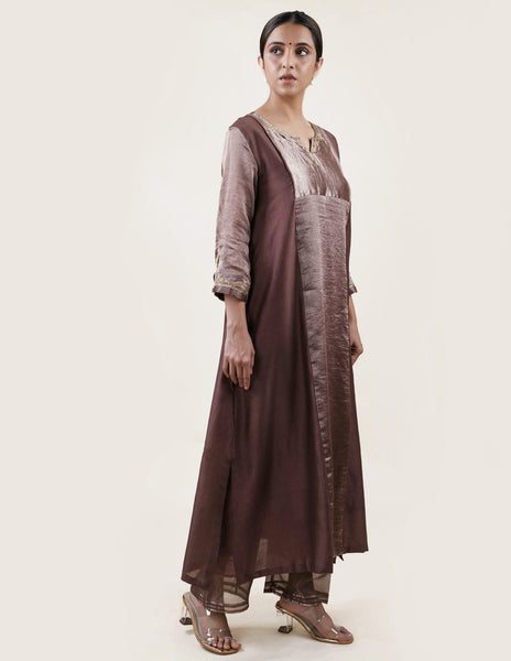 Brown Tissue Stripes/Chanderi Silk - A-line Kurta Set