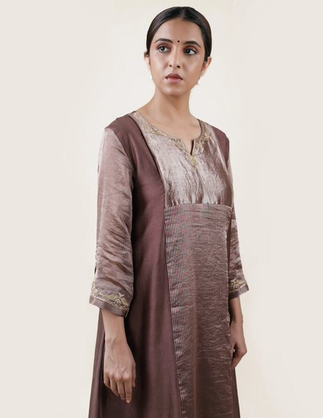 Brown Tissue Stripes/Chanderi Silk - A-line Kurta Set