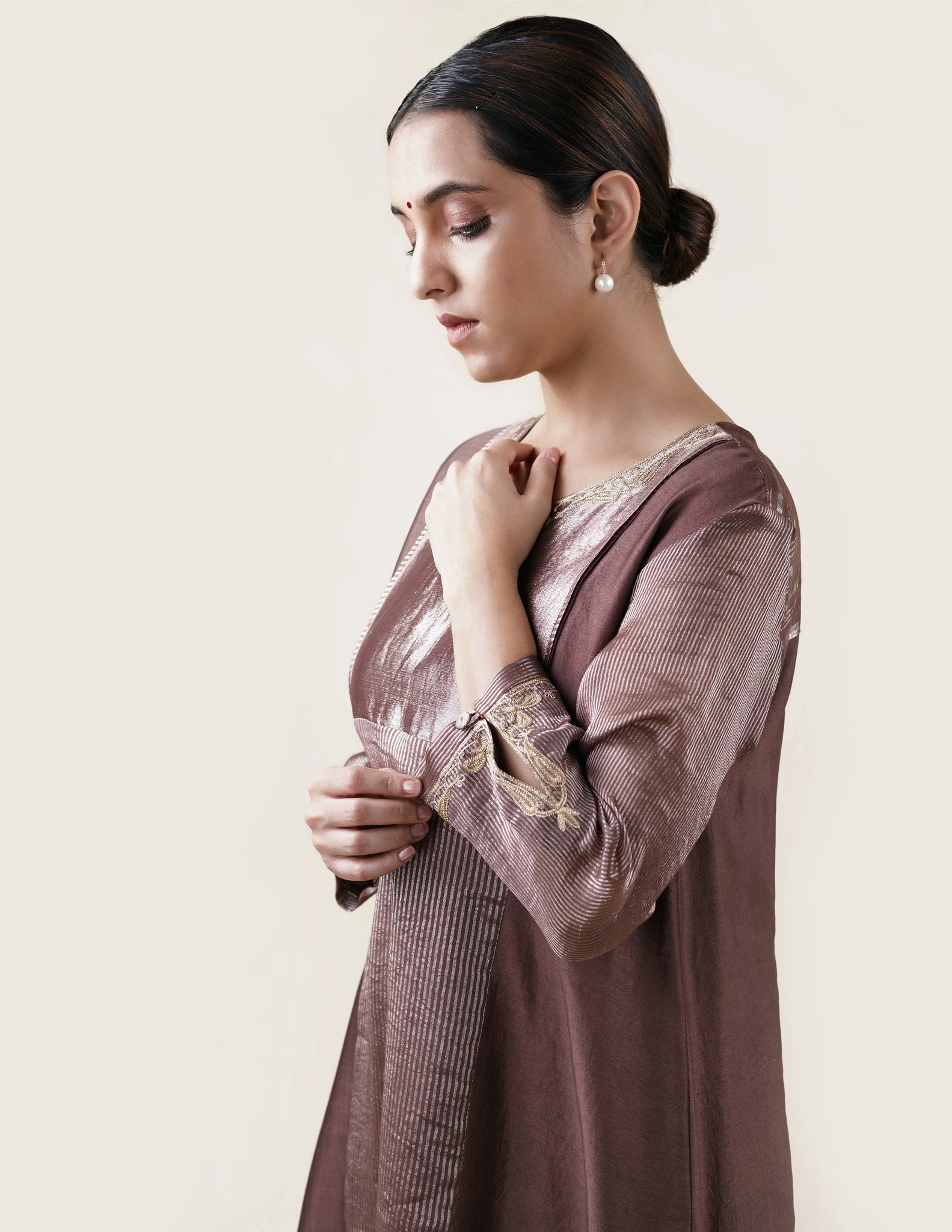 Brown Tissue Stripes/Chanderi Silk - A-line Kurta Set