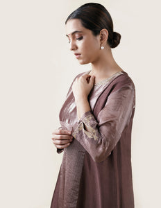 Brown Tissue Stripes/Chanderi Silk - A-line Kurta Set