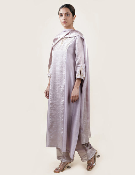 Grey Tissue Stripes/Chanderi Silk - A-line Kurta Set