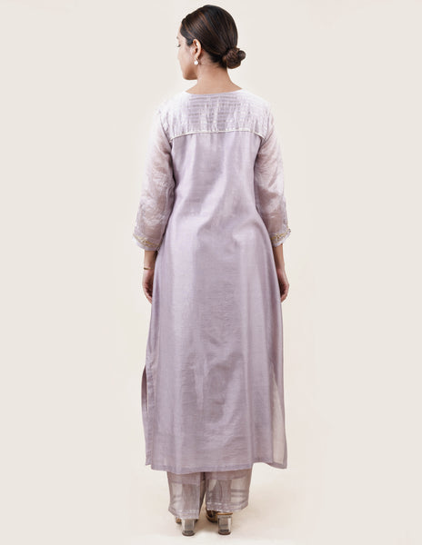 Grey Tissue Stripes/Chanderi Silk - A-line Kurta Set