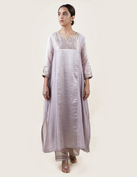 Grey Tissue Stripes/Chanderi Silk - A-line Kurta Set