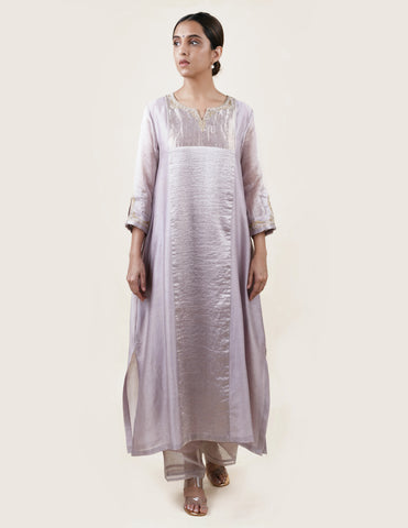 Grey Tissue Stripes/Chanderi Silk - A-line Kurta Set