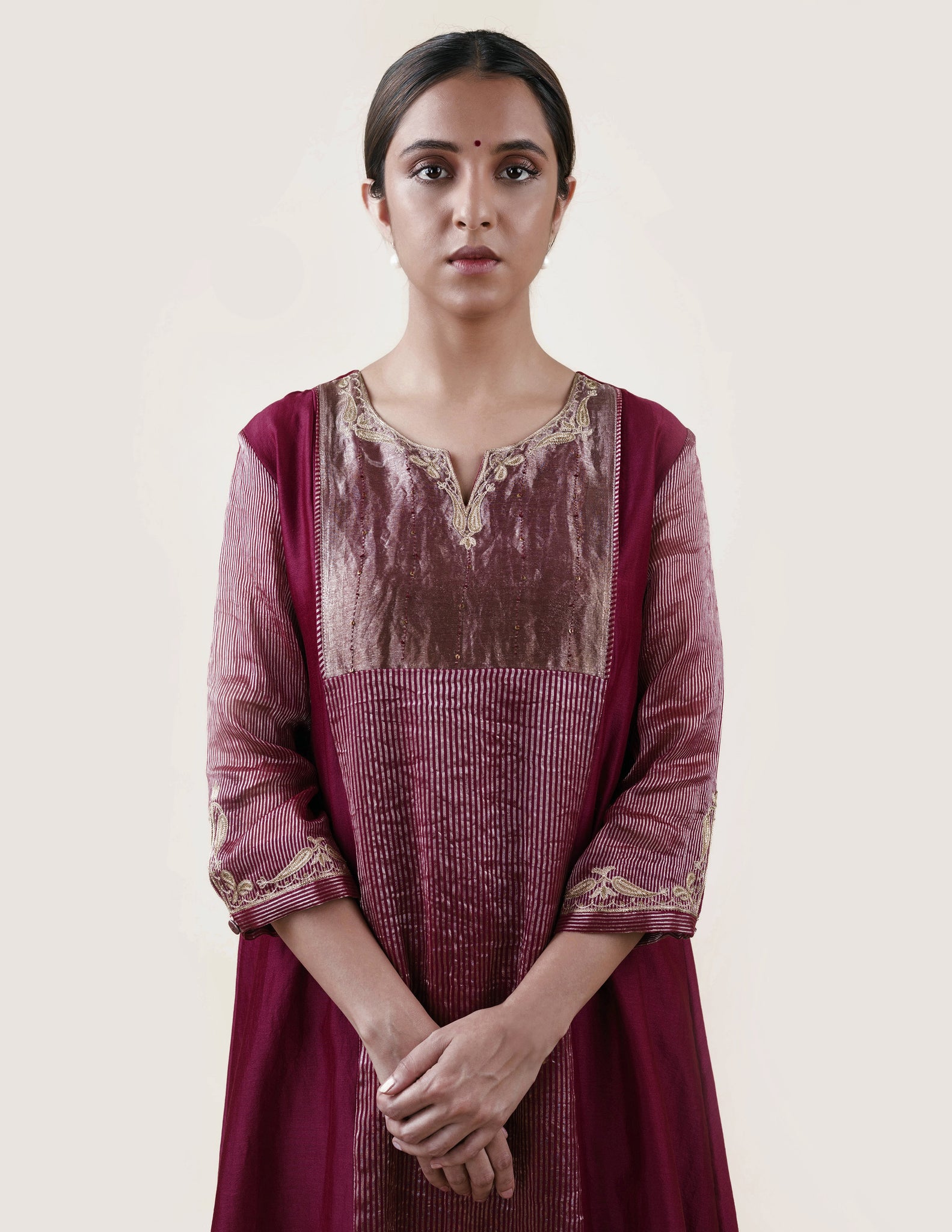 Mauve Tissue Stripes/Chanderi Silk - A-line Kurta Set