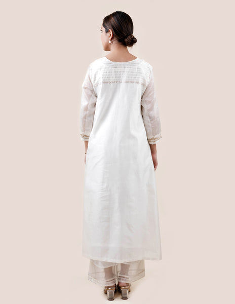 Off White Tissue Stripes/Chanderi Silk - A-line Kurta Set