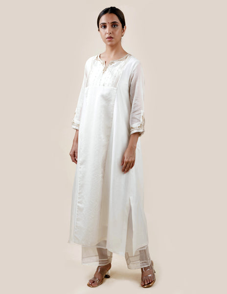 Off White Tissue Stripes/Chanderi Silk - A-line Kurta Set