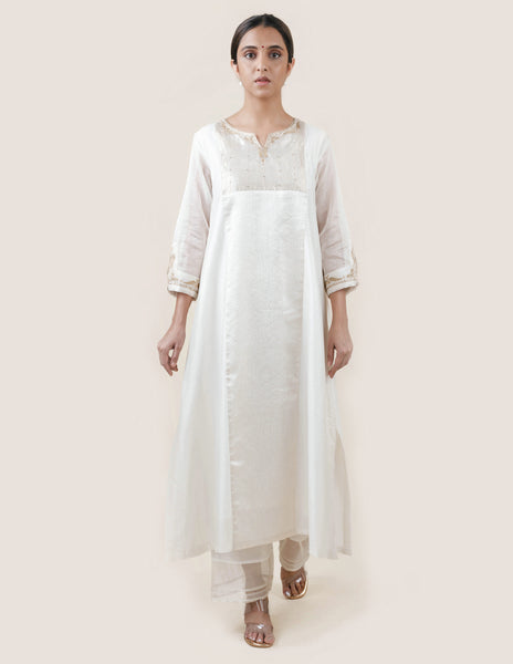 Off White Tissue Stripes/Chanderi Silk - A-line Kurta Set
