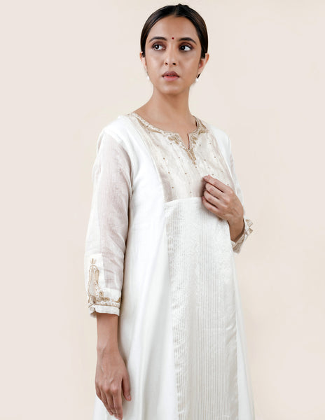 Off White Tissue Stripes/Chanderi Silk - A-line Kurta Set