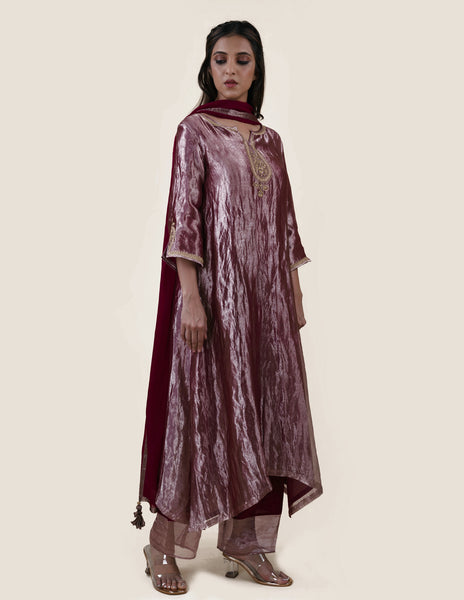 Mauve Tissue  - A-line Kurta Set