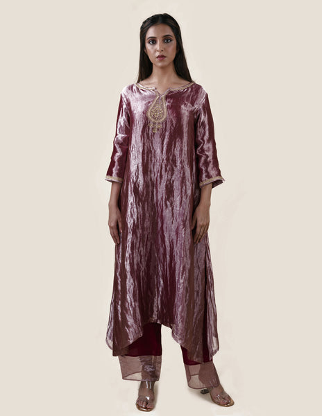 Mauve Tissue  - A-line Kurta Set